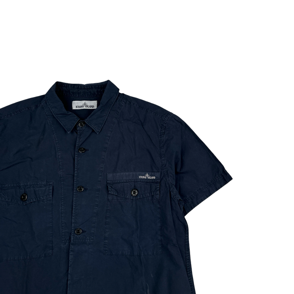 Stone Island 2014 Navy Cotton Spellout Buttoned Short Sleeve Shirt - XL