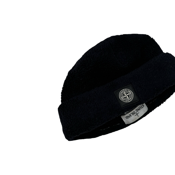 Stone Island Black Cotton Blend Teddy Fleece Beanie Hat