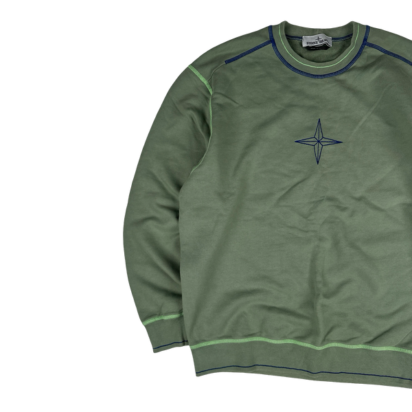 Stone Island 2023 Sage Green Contrast Stitch Compass Cotton Crewneck - Medium