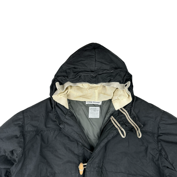 Stone Island 1999 Black Vintage Waxed Cotton Long Puffer Parka Jacket - XXL