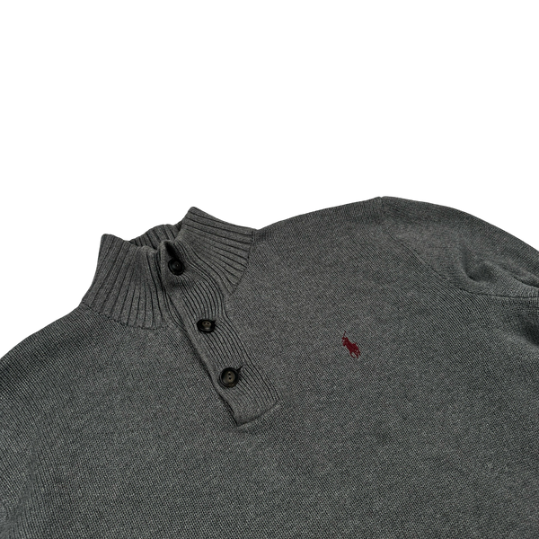 Ralph Lauren Grey Cotton Knit Quarter Button Jumper - Medium