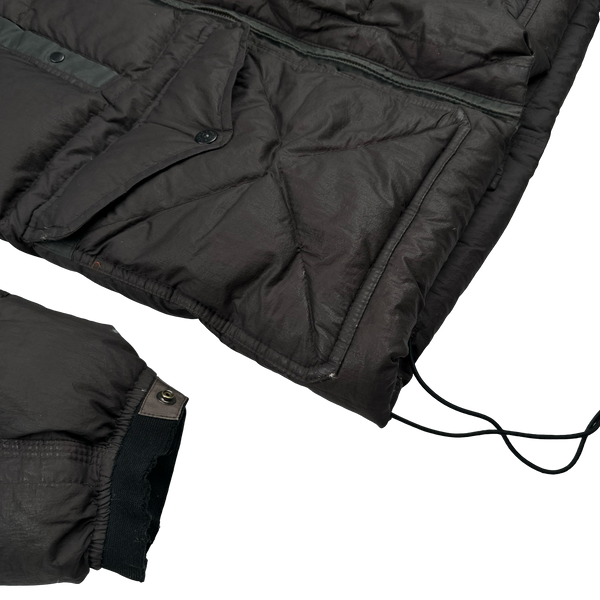 Stone Island 2005 Charcoal Vintage Mesh Badge Zip Opaque Nylon Tela Down Hood Jacket - Large