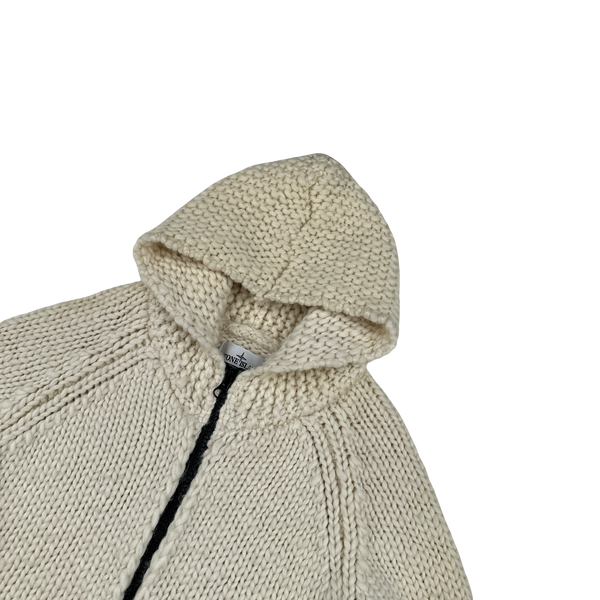 Stone Island 2022 Cream Heavyweight Lana Wool Knitted Zipped Hoodie - Large