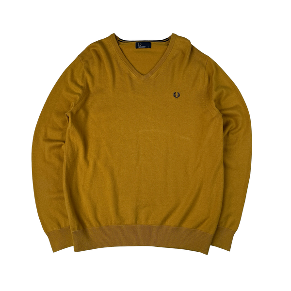 Fred Perry Mustard V Neck Knit - Large