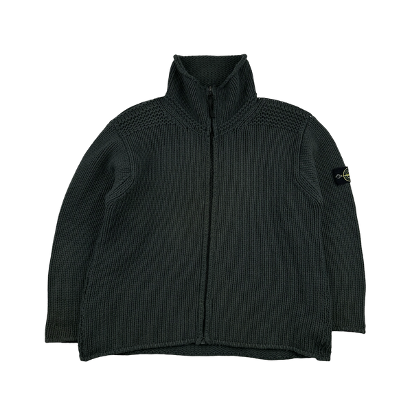 Stone Island 2000s Vintage Dark Green Thick Wool Zipped Jumper - Large