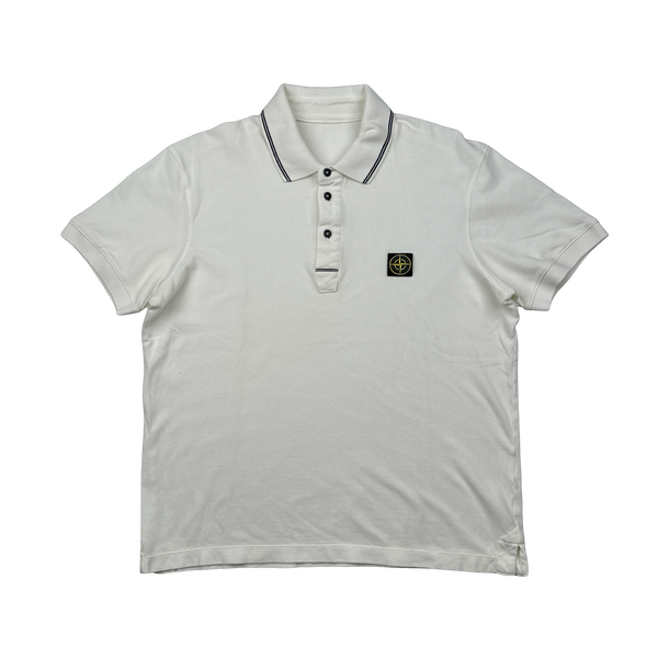 Stone Island White Spellout Compass Cotton Polo Shirt - Medium