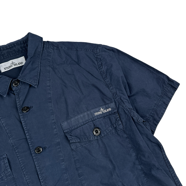 Stone Island 2014 Navy Cotton Spellout Buttoned Short Sleeve Shirt - XL
