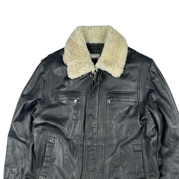 Armani Jeans 2000's Shearling Collared Multi Pocket Leather Jacket - Medium