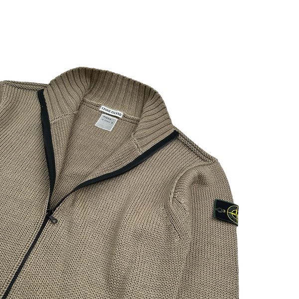 Stone Island 1999 Brown Cotton High Neck Zipped Knit Jumper - XL