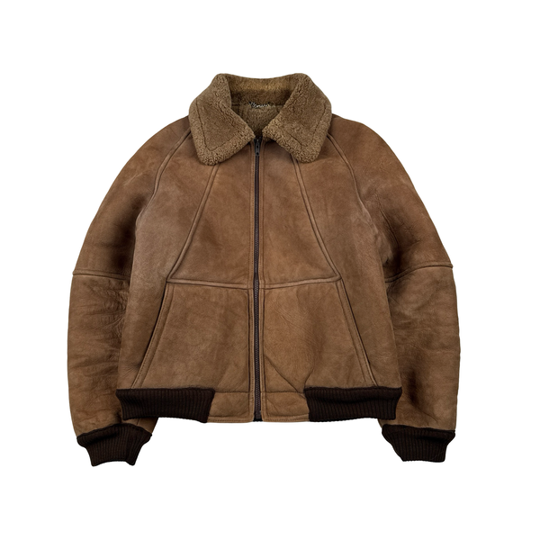 Vintage Beige Leather Lined Shearling Collar Bomber Jacket - Medium
