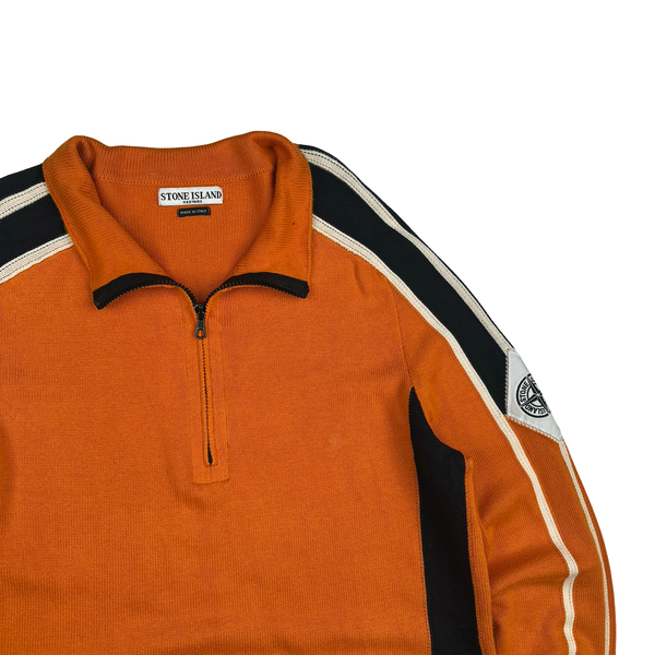 Stone Island 2004 Orange Cotton Knit Compass Quarter Zip Jumper - Medium