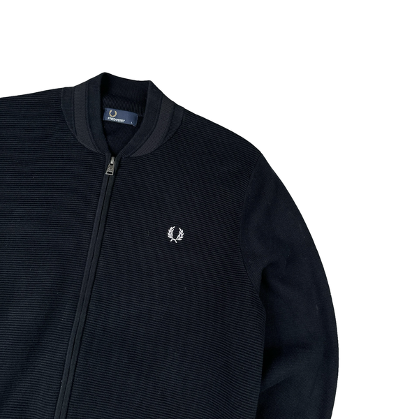 Fred Perry Black Zipped Ribbed Cotton Blend Crewneck Jumper - Large