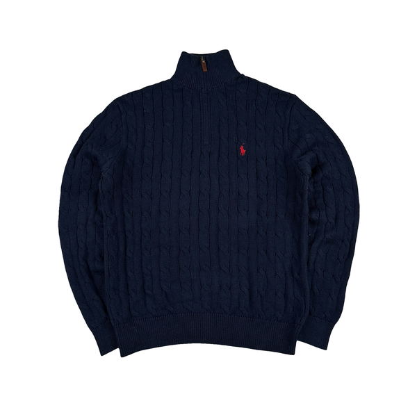 Ralph Lauren Navy Cotton Cable Knit Quarter Zip Jumper - Medium