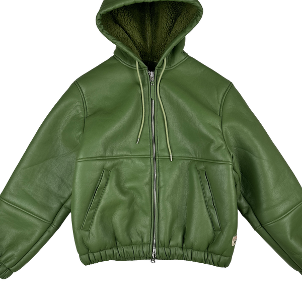 Stussy Leather Sherling Lined Green Work Jacket - Small