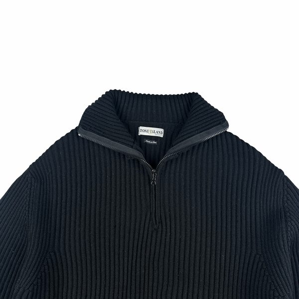 Stone Island 2001 Black Lana Wool Vintage Ribbed High Neck Jumper - XL