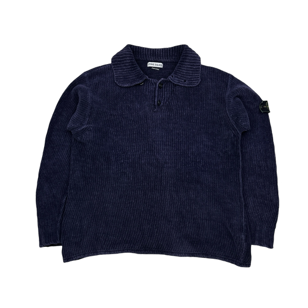 Stone Island 1998 Navy Vintage Cotton Chenille Knit Collared Jumper - XL