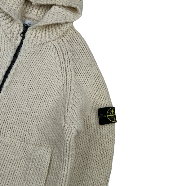 Stone Island 2022 Cream Heavyweight Lana Wool Knitted Zipped Hoodie - Large