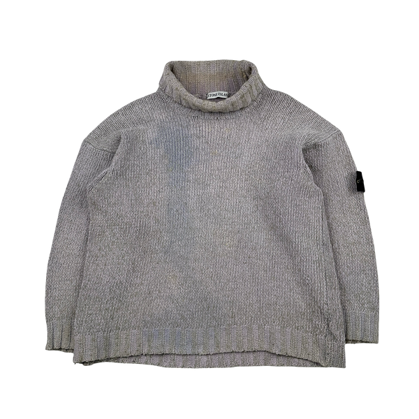 Stone Island 1997 Grey Knitted Cotton Vintage Roll Neck Jumper - Large
