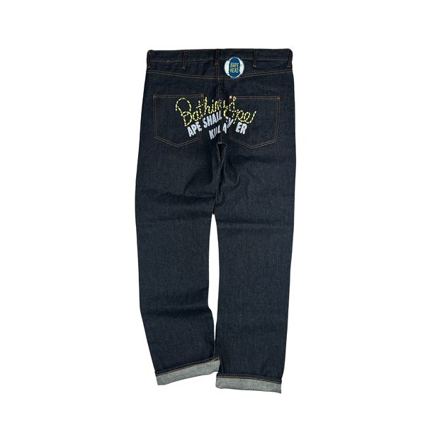 Bape Raw Denim Baggy Fit Spellout Graphic Jeans - 38