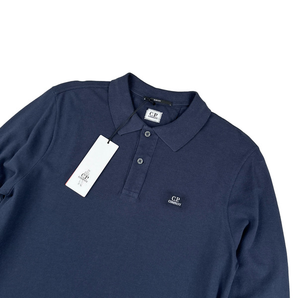 CP Company Navy Longsleeve Cotton Spellout Polo Shirt - Medium