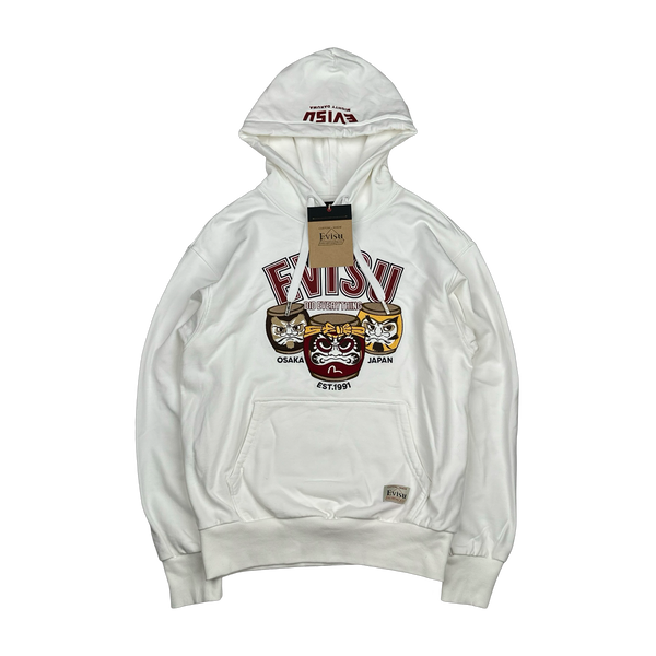 Evisu White Embroiderd Graphic Cotton Hoodie - Small