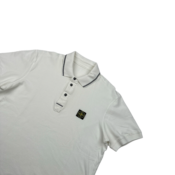 Stone Island White Spellout Compass Cotton Polo Shirt - Medium