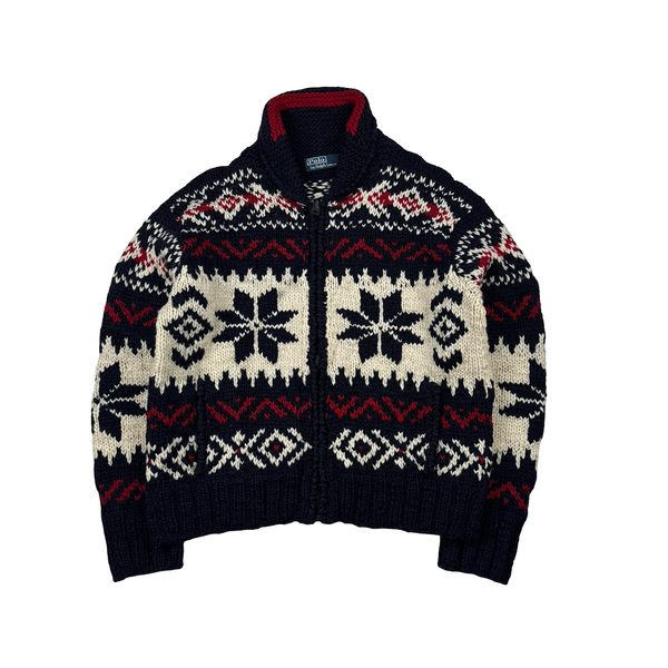 Ralph Lauren Wool Cable Knit Zipped Folk Style Flag Jumper - Medium