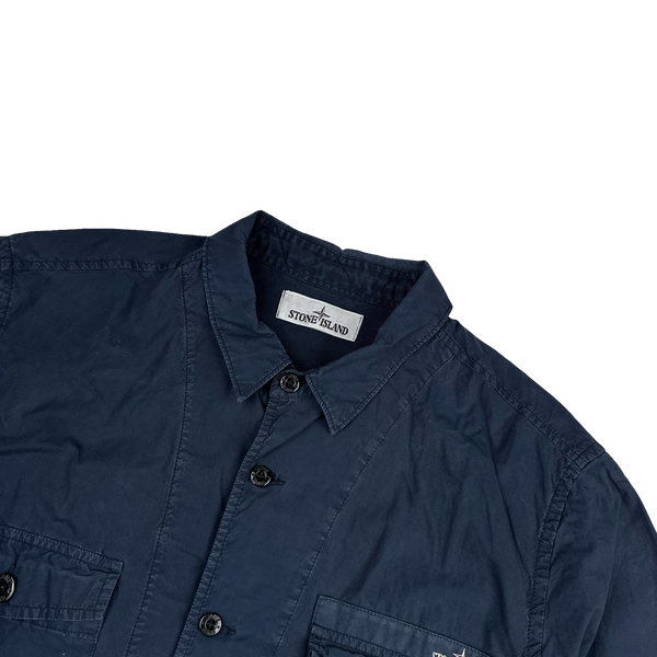Stone Island 2014 Navy Cotton Spellout Buttoned Short Sleeve Shirt - XL