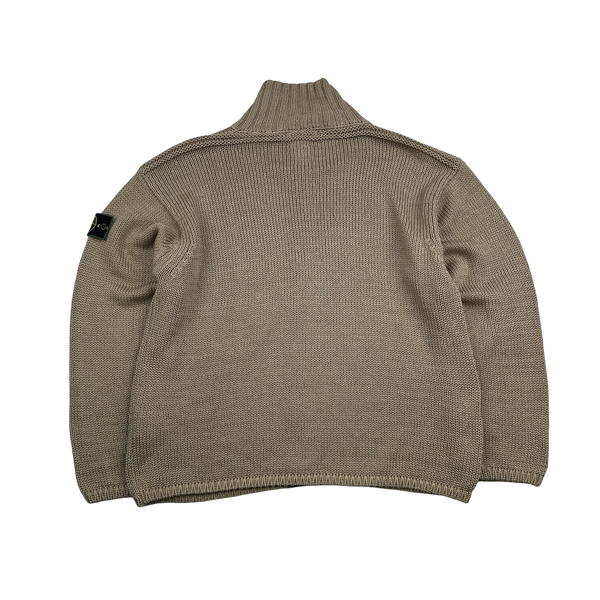 Stone Island 1999 Brown Cotton High Neck Zipped Knit Jumper - XL