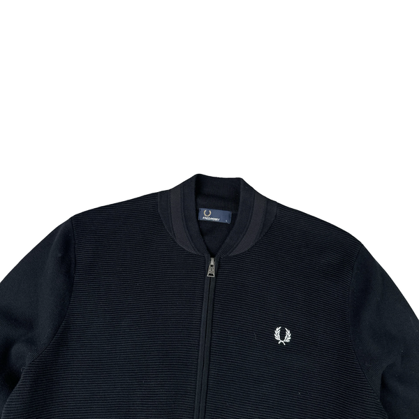 Fred Perry Black Zipped Ribbed Cotton Blend Crewneck Jumper - Large