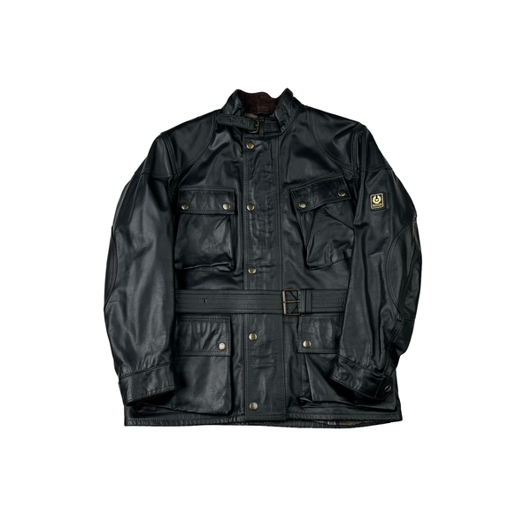 Belstaff Black Multi Pocket Field Leather Zipped Heavyweight Jacket - Small