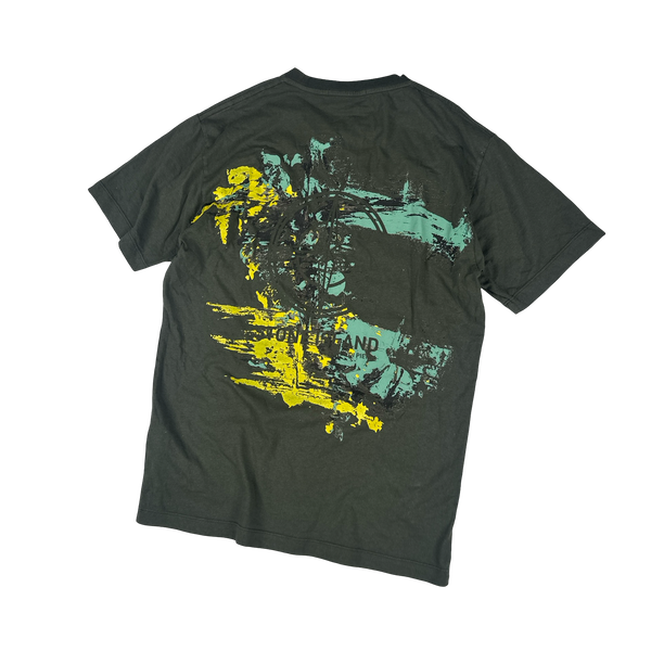 Stone Island 2020 Khaki Green Abstract Printed Compass Graphic T Shirt - Medium