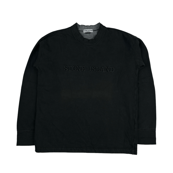 Stone Island 1990s Vintage Black Cotton Embroidered Spellout Pullover - Large