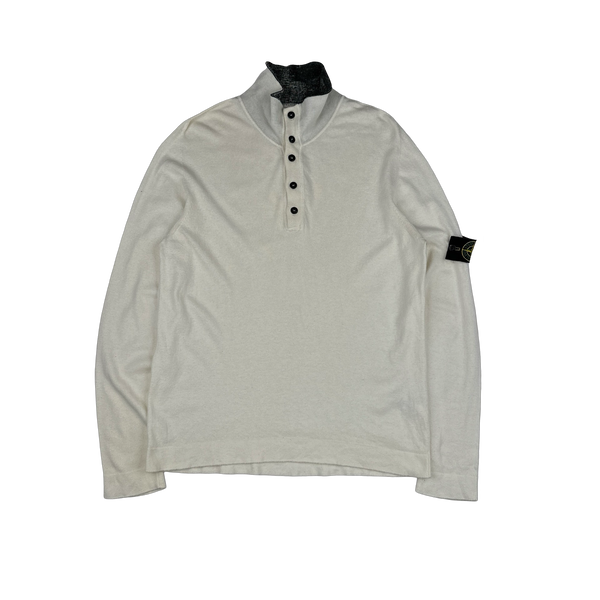 Stone Island 2008 White Cotton Buttoned High Neck Pullover - XXL
