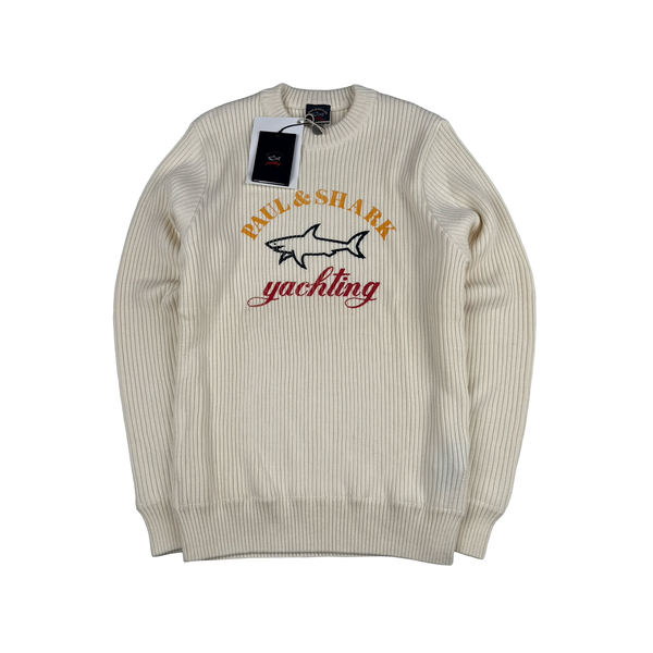 Paul & Shark Cream Ribbed Wool Blend Thick Knitted Crewneck Jumper - Large