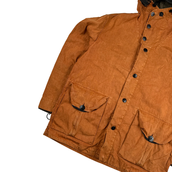 Stone Island 2001 Orange Lino Flax Multi Pocket Hooded Buttoned Jacket - Large