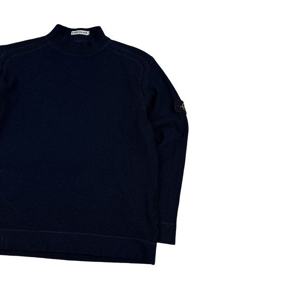 Stone Island 1999 Navy Ribbed Wool Vintage Pullover Mock Neck Jumper - Large
