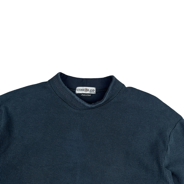 Stone Island 2002 Navy Blue Ribbed Cotton Blend Crewneck Jumper - Medium