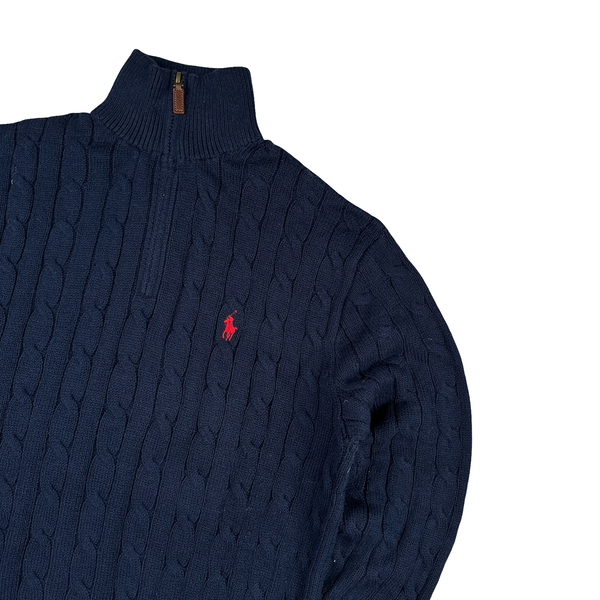 Ralph Lauren Navy Cotton Cable Knit Quarter Zip Jumper - Medium
