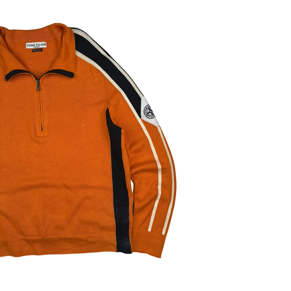 Stone Island 2004 Orange Cotton Knit Compass Quarter Zip Jumper - Medium