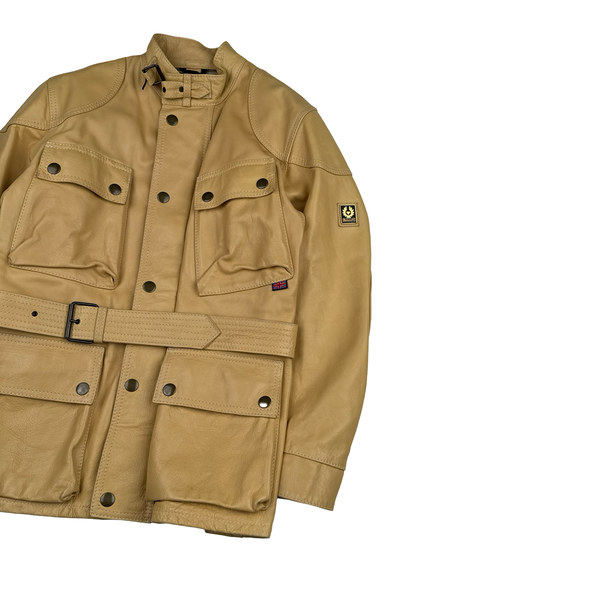 Belstaff Cream Multi Pocket Field Leather Zipped Heavyweight Jacket - Small