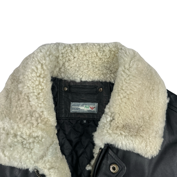 Armani Jeans 2000's Shearling Collared Multi Pocket Leather Jacket - Medium