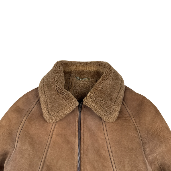 Vintage Beige Leather Lined Shearling Collar Bomber Jacket - Medium
