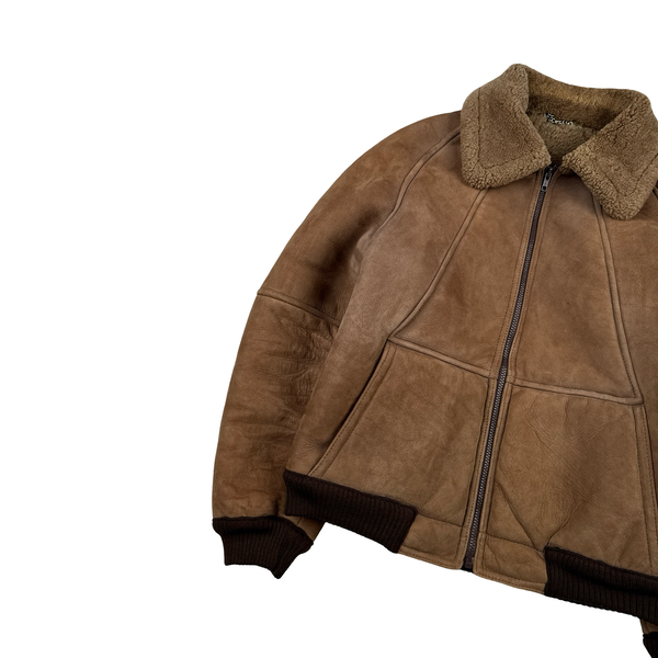 Vintage Beige Leather Lined Shearling Collar Bomber Jacket - Medium