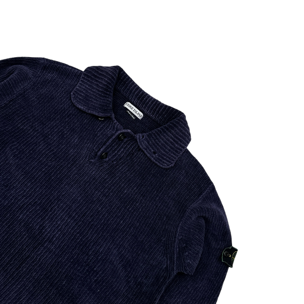 Stone Island 1998 Navy Vintage Cotton Chenille Knit Collared Jumper - XL