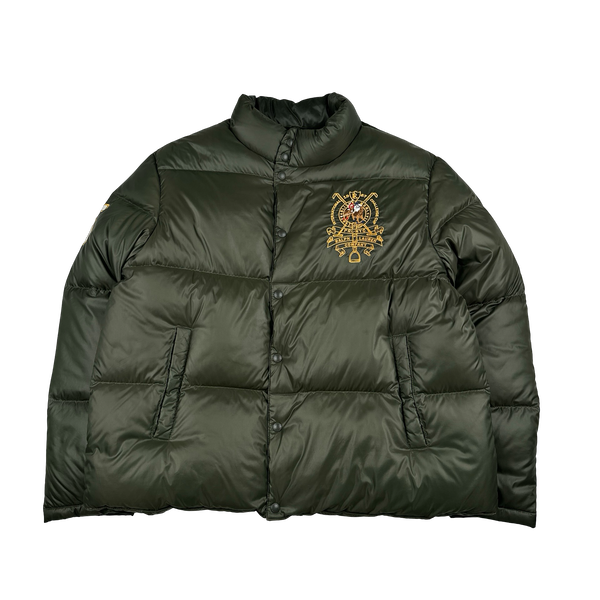Ralph Lauren Khaki Green Down Filled Embroidered Spellout Puffer Jacket - XL