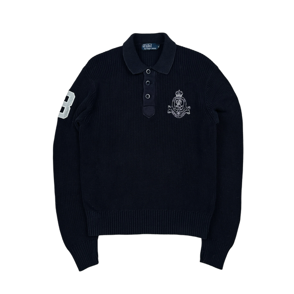 Ralph Lauren Navy Cotton Knit Quarter Button Embroidered Crest Jumper - Medium