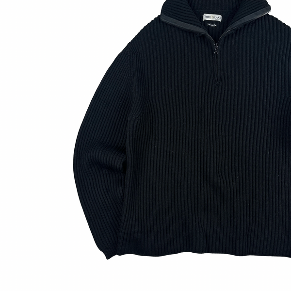 Stone Island 2001 Black Lana Wool Vintage Ribbed High Neck Jumper - XL