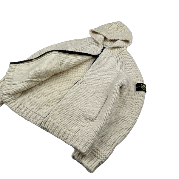 Stone Island 2022 Cream Heavyweight Lana Wool Knitted Zipped Hoodie - Large