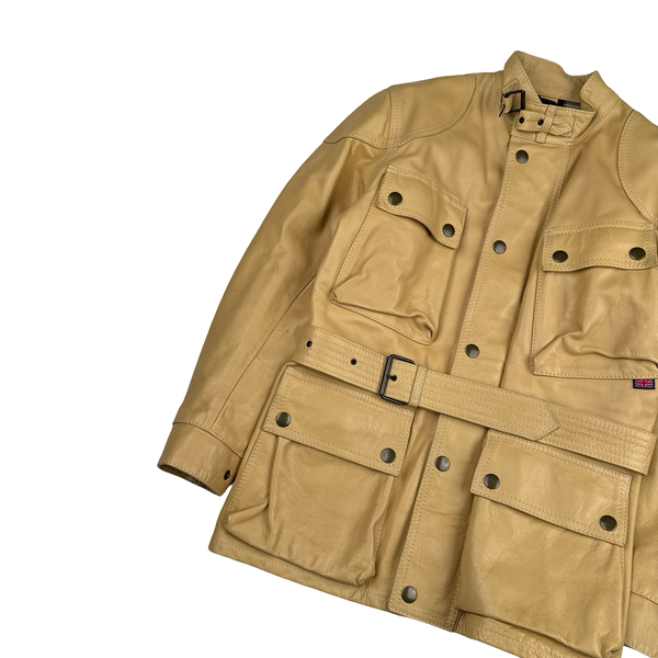 Belstaff Cream Multi Pocket Field Leather Zipped Heavyweight Jacket - Small